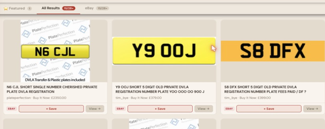 Auction Bid Assistant search results for 'short registration plate DVLA' showing a genuine N6 CJL short single number cherished private plate