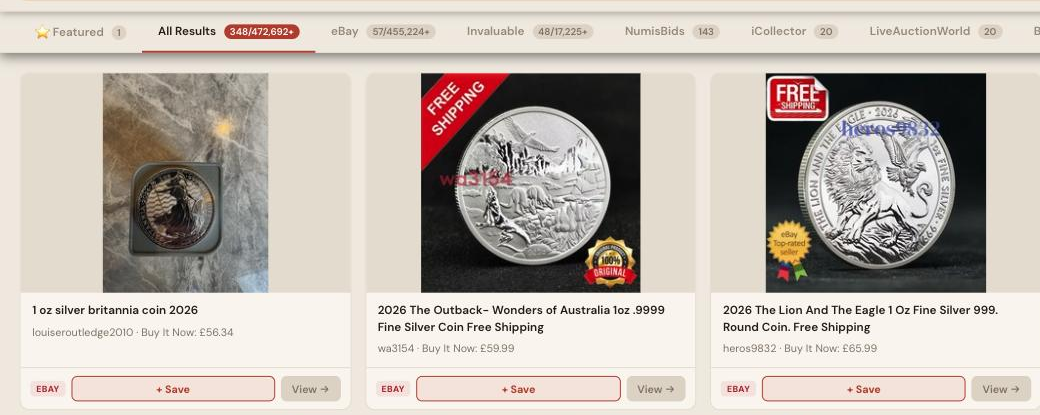 Auction Bid Assistant search results for 'silver coin' showing genuine silver bullion coins including Britannia, American Eagle and Kangaroo issues