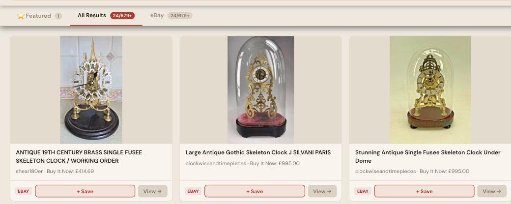 Auction Bid Assistant search results for 'skeleton clock antique' showing genuine antique brass skeleton clocks under glass domes including signed fusee examples