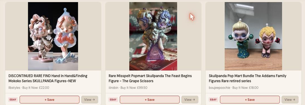 Auction Bid Assistant search results for 'Skullpanda figure rare' showing genuine Pop Mart Skullpanda listings including a misspelt Feast Begins figure and an Addams Family bundle