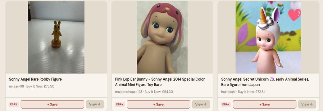 Auction Bid Assistant search results for 'Sonny Angel figure rare' showing genuine Sonny Angel listings including a rare Robby figure, a 2014 special colour Lop Ear Bunny and a Secret Unicorn from Japan