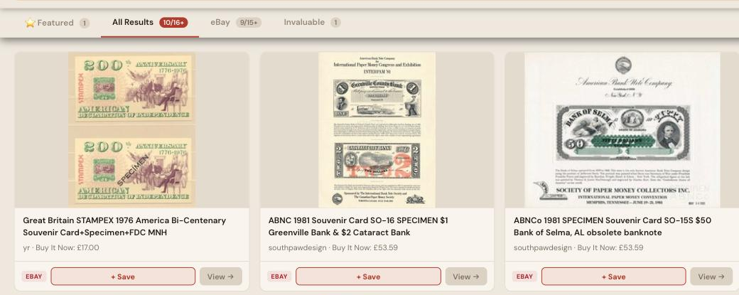 Auction Bid Assistant search results for 'souvenir card specimen' showing genuine ABNCo specimen souvenir cards and obsolete banknote reproductions
