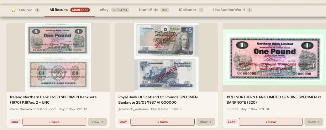 Auction Bid Assistant search results for 'specimen banknote' showing genuine SPECIMEN-overprinted notes from Northern Bank and the Royal Bank of Scotland