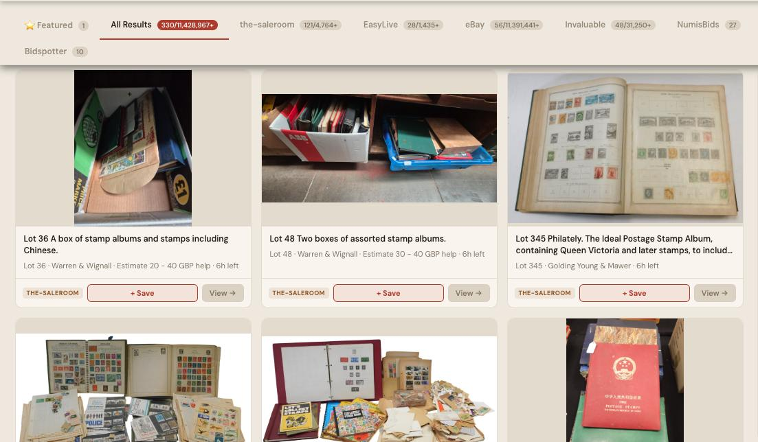 Auction Bid Assistant search results for 'stamps' showing 330 matching lots including stamp albums, Queen Victoria philately and world stamp collections across the-saleroom, eBay and more
