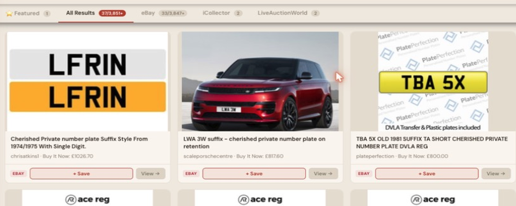 Auction Bid Assistant search results for 'suffix number plate' showing a genuine cherished private number plate suffix style with single digit
