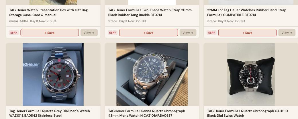 Auction Bid Assistant search results for 'TAG Heuer watch' showing genuine TAG Heuer Formula 1 quartz and chronograph wrist watches
