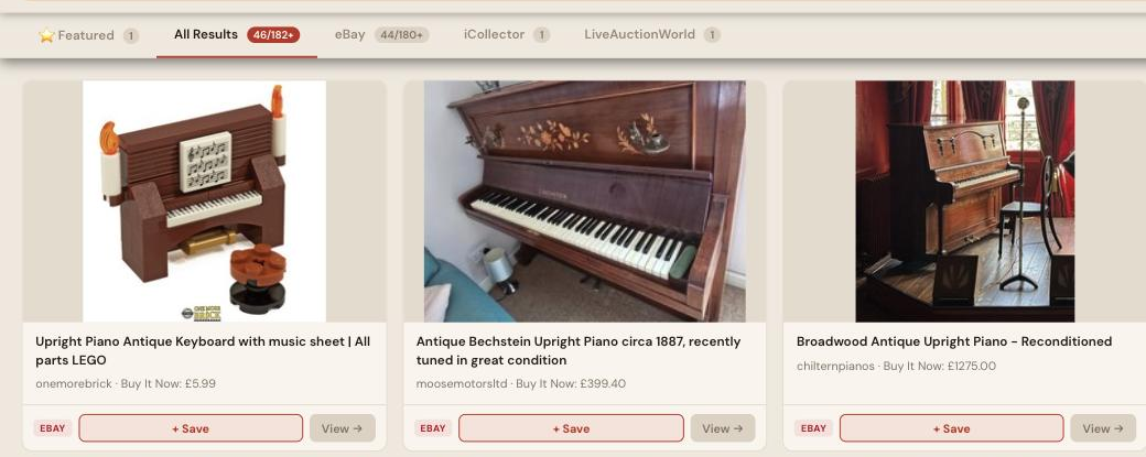 Auction Bid Assistant search results for 'antique upright piano' showing genuine named-maker pianos including Bechstein, Broadwood and Erard examples