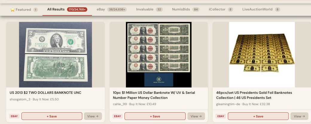 Auction Bid Assistant search results for 'US banknote' showing a genuine 2013 two dollar note alongside novelty million dollar and gold foil banknote sets