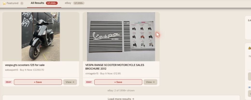 Auction Bid Assistant search results for 'Vespa scooter for sale' showing a genuine Vespa GTS 125 scooter