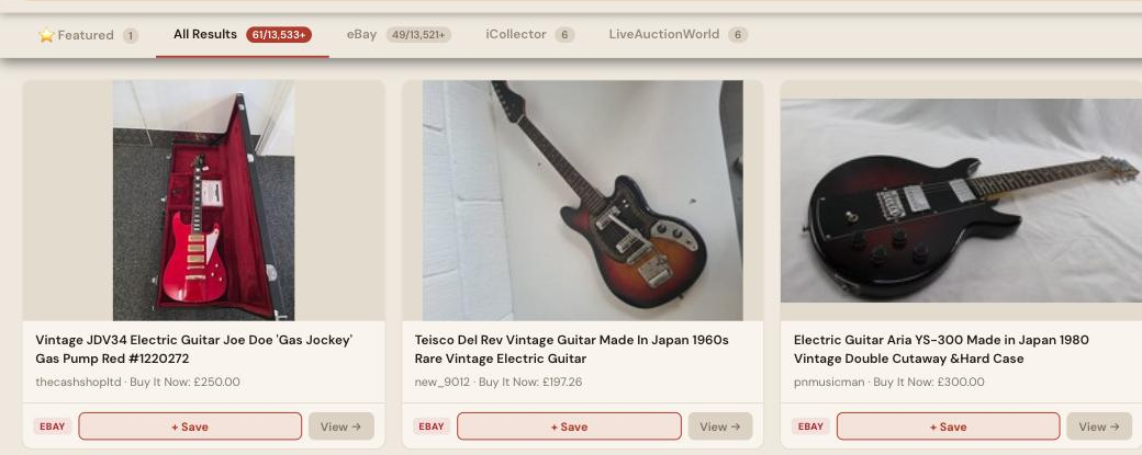 Auction Bid Assistant search results for 'vintage electric guitar' showing genuine 1960s and 1970s electric guitars from multiple makers