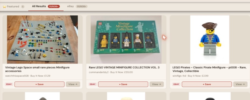 Auction Bid Assistant search results for 'rare vintage LEGO minifigure' showing a genuine rare LEGO vintage minifigure collection volume 3