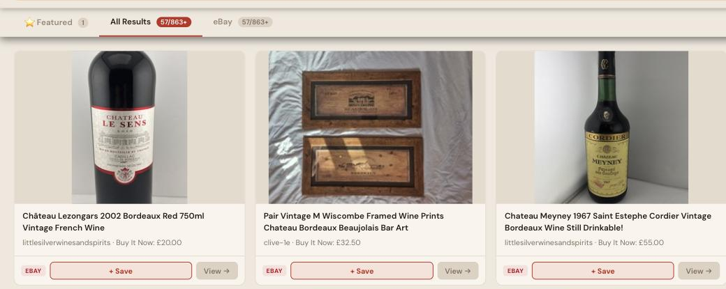 Auction Bid Assistant search results for 'vintage wine bordeaux' showing genuine 1967 and 1972 Chateau Bordeaux vintage wine bottles