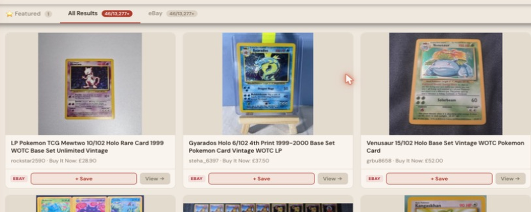 Auction Bid Assistant search results for 'vintage WOTC base set pokemon card' showing a genuine 1999 Mewtwo holo rare unlimited base set card