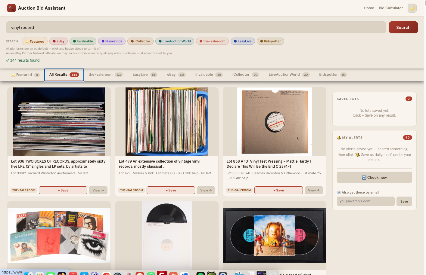 Auction Bid Assistant search results for 'vinyl record' showing 344 matching lots across the-saleroom, EasyLive, eBay, Invaluable and more