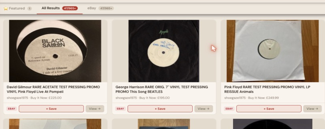 Auction Bid Assistant search results for 'vinyl test pressing promo rare' showing a genuine David Gilmour rare acetate test pressing promo vinyl Pink Floyd Live At Pompeii
