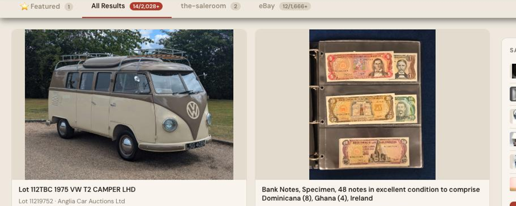 Auction Bid Assistant search results for 'classic VW campervan' showing a genuine 1975 VW T2 Camper from a UK car auction house