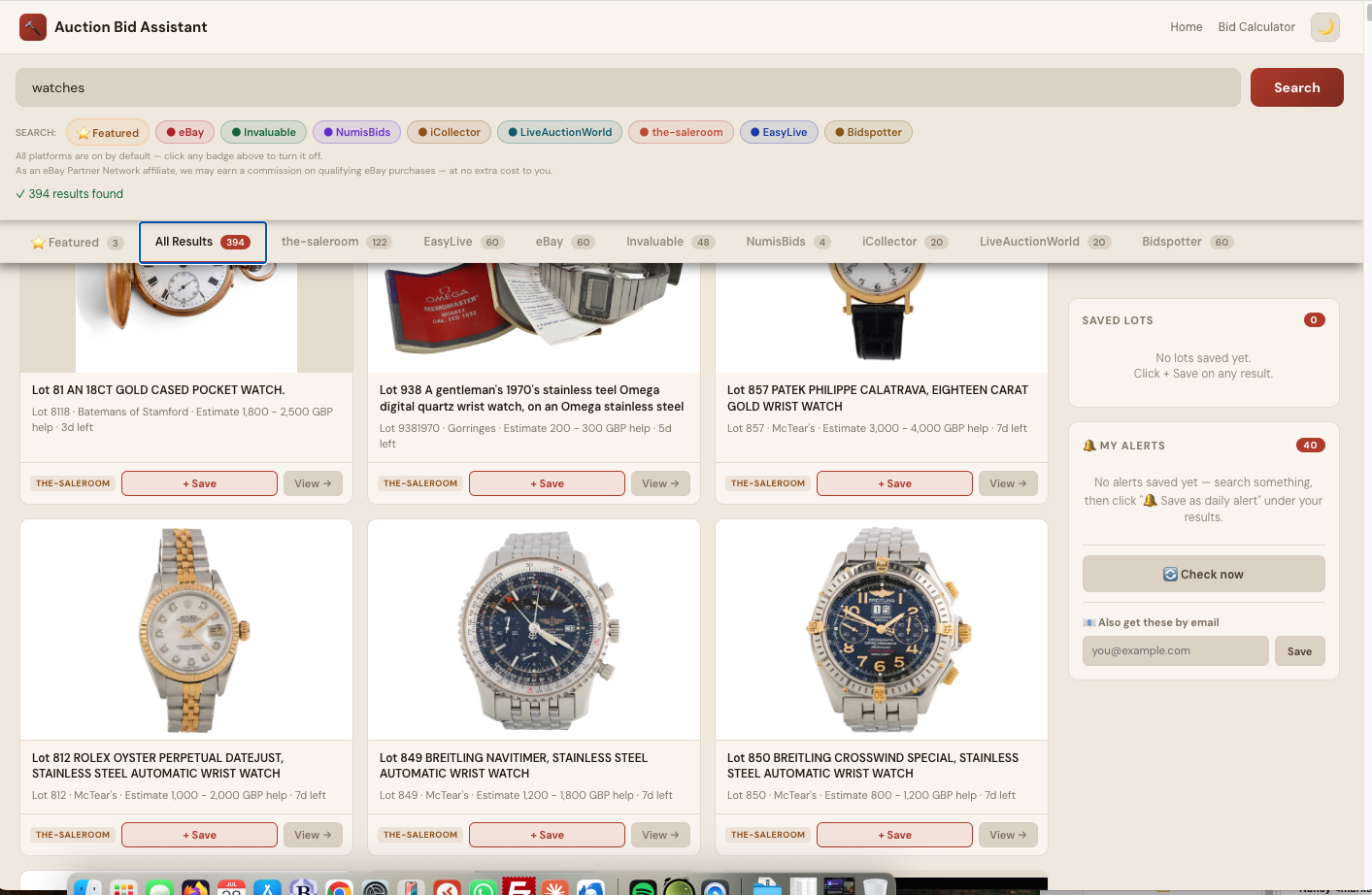 Auction Bid Assistant search results for 'watches' showing 394 matching lots including Rolex, Omega and Breitling across the-saleroom, EasyLive, eBay and more