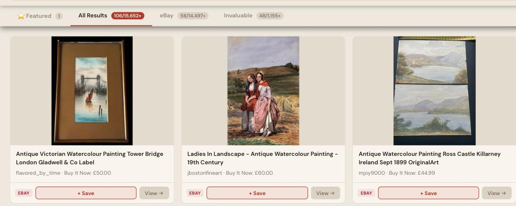 Auction Bid Assistant search results for 'antique watercolour painting' showing genuine 19th century watercolour landscapes and figure studies