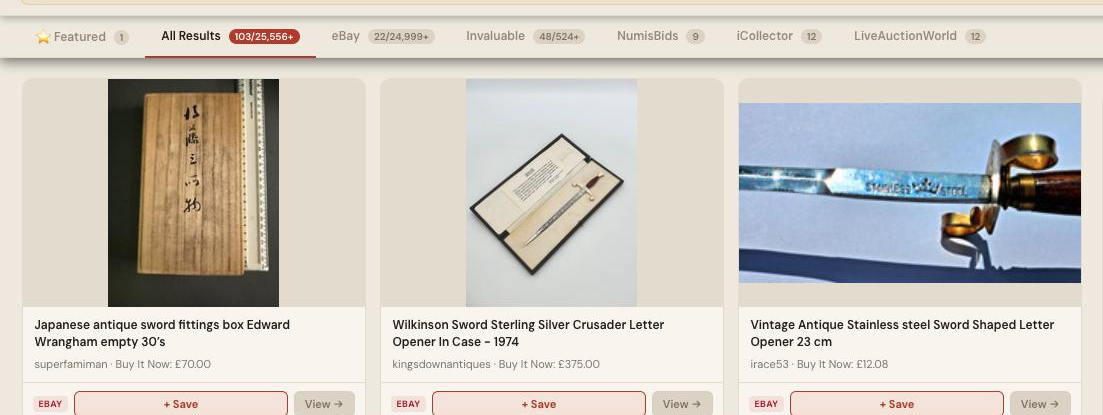 Auction Bid Assistant search results for 'antique sword' showing 103 matching lots including swords, letter openers and decorative blades across the-saleroom, eBay and more