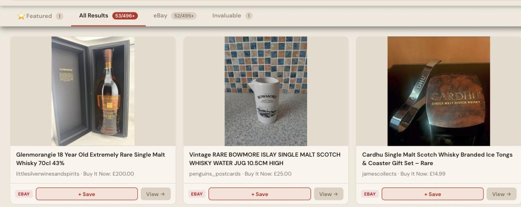 Auction Bid Assistant search results for 'rare single malt whisky' showing genuine Glenmorangie 18 Year Old and rare Macallan 1979 vintage whisky bottles