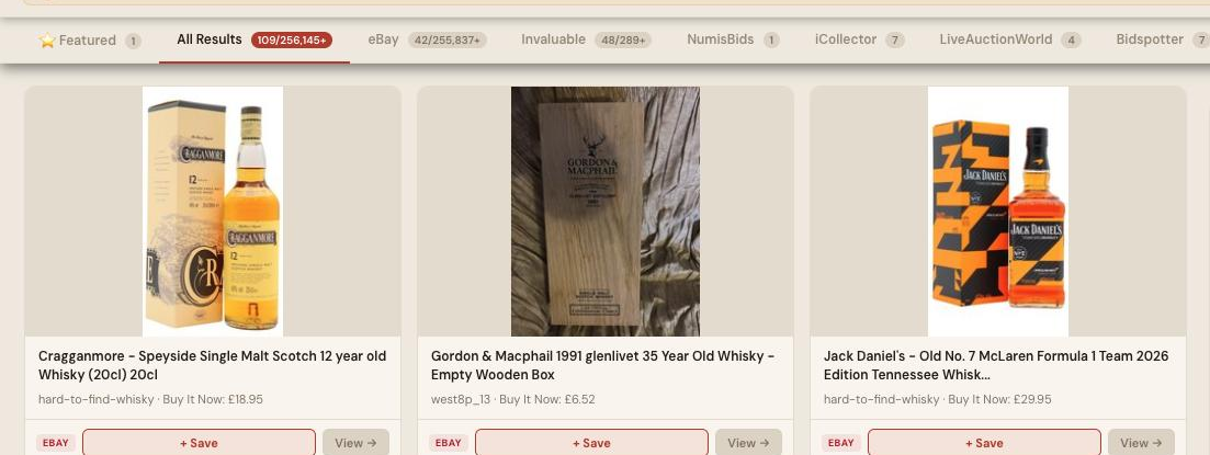 Auction Bid Assistant search results for 'whisky' showing 109 matching lots including rare single malt Scotch, aged whisky and whisky barrels across the-saleroom, eBay and more