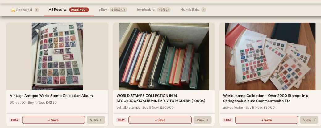 Auction Bid Assistant search results for 'world stamp collection album' showing genuine vintage world stamp albums and stockbooks with mixed countries