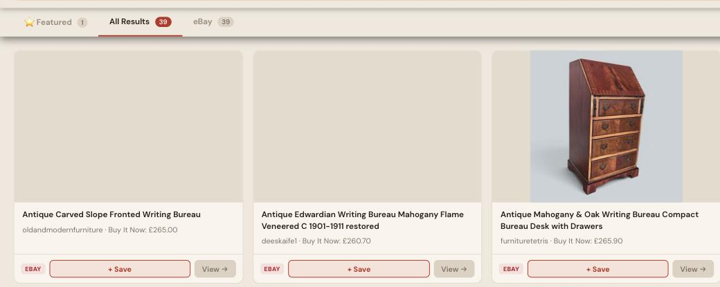Auction Bid Assistant search results for 'antique writing bureau' showing genuine antique slope-front bureaux and bureau bookcase desks