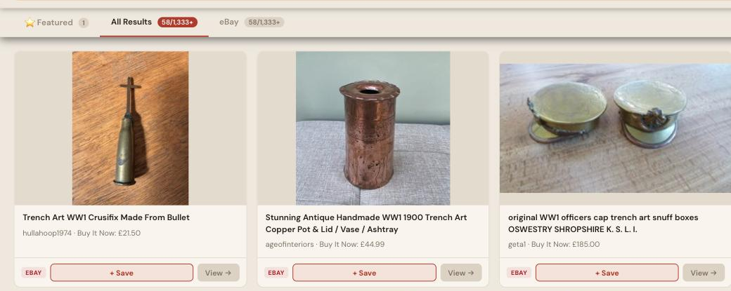 Auction Bid Assistant search results for 'WW1 trench art' showing genuine hand-crafted shell case vases, ashtrays and a bullet crucifix