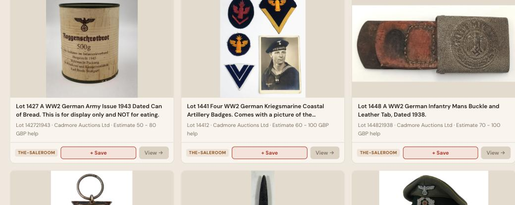 Auction Bid Assistant search results for 'WW2 German militaria' showing genuine catalogued lots including German army rations tin, Kriegsmarine badges and an infantry belt buckle